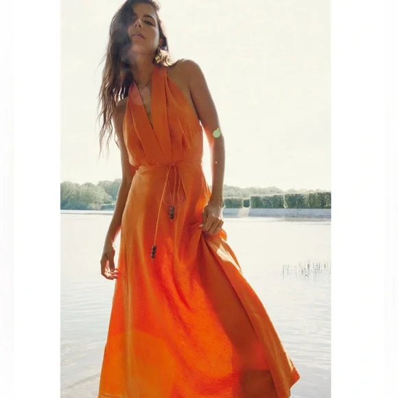 安心★関税込み★ZARA★DRAPED MIDI DRESS LINEN BLEND DRAPED LINEN MIDI DRESS - Red | ZARA United States